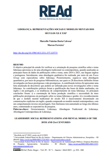 LIDERANÇA: REPRESENTAÇÕES SOCIAIS E MODELOS MENTAIS DOS SÉCULOS XX E XXI