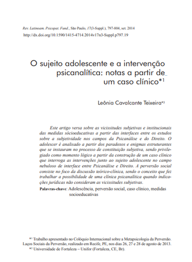 O sujeito adolescente e a intervenção psicanalítica: notas a partir de um caso clínico