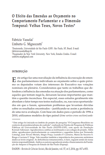 O Efeito das Emendas ao Orçamento no Comportamento Parlamentar e a Dimensão Temporal: Velhas Teses, Novos Testes