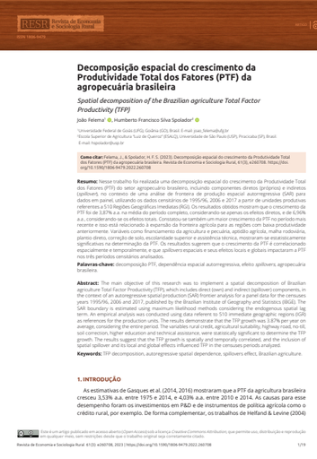 Decomposição espacial do crescimento da Produtividade Total dos Fatores (PTF) da agropecuária brasileira Decomposição espacial do crescimento da Produtividade Total dos Fatores (PTF) da agropecuária brasileira