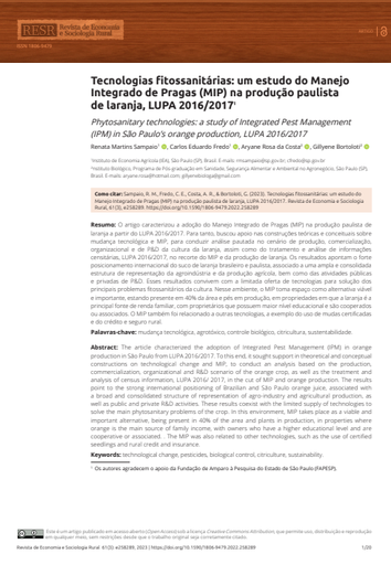 Tecnologias fitossanitárias: um estudo do Manejo Integrado de Pragas (MIP) na produção paulista de laranja, LUPA 2016/2017