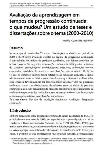 Avaliação da aprendizagem em tempos de progressão continuada: o que mudou? Um estudo de teses e dissertações sobre o tema (2000-2010)