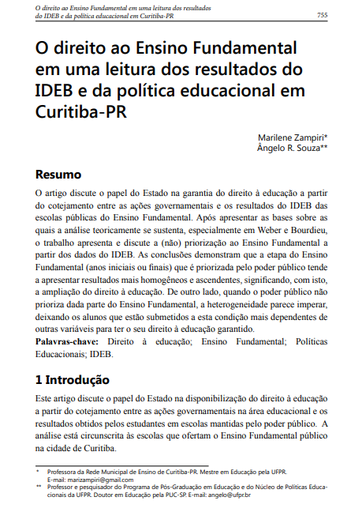 O direito ao Ensino Fundamental em uma leitura dos resultados do IDEB e da política educacional em Curitiba-PR