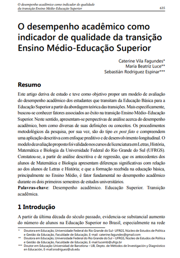 O desempenho acadêmico como indicador de qualidade da transição Ensino Médio-Educação Superior