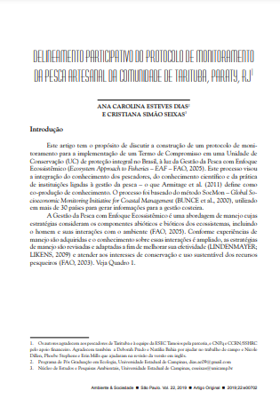 PARTICIPATORY DESIGN OF A MONITORING PROTOCOL FOR THE SMALL-SCALE FISHERIES AT THE COMMUNITY OF TARITUBA, PARATY, RJ, BRAZIL