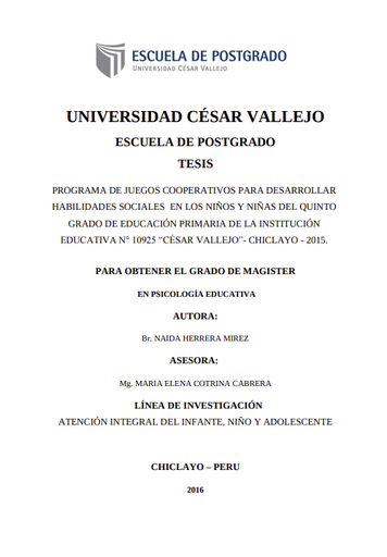 Programa de juegos cooperativos para desarrollar habilidades sociales en los niños y niñas del quinto grado de educación primaria