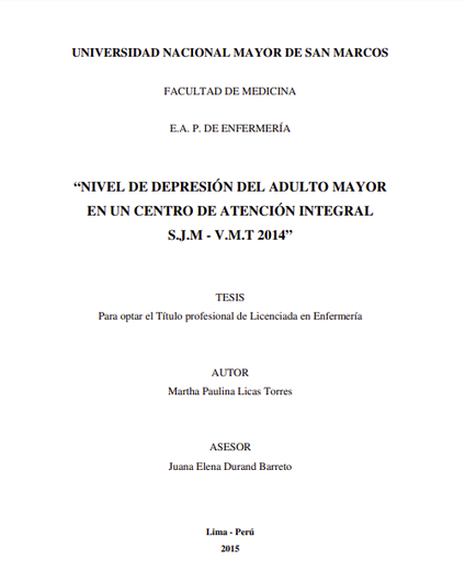 Nivel de depresión del adulto mayor en un centro de atención integral S.J.M - V.M.T 2014