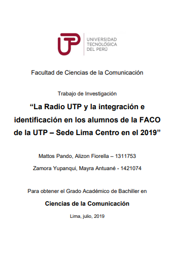 La Radio UTP y la integración e identificación en los alumnos de la FACO de la UTP - sede Lima Centro en el 2019