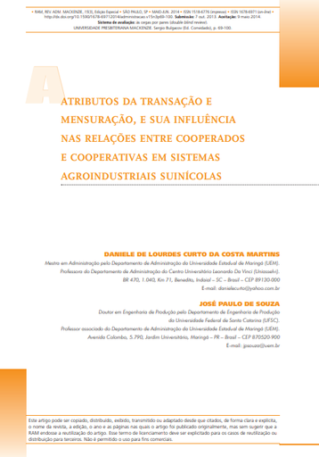 Atributos da transação e mensuração, e sua influência nas relações entre cooperados e cooperativas em sistemas agroindustriais suinícolas