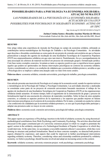 POSSIBILIDADES PARA A PSICOLOGIA NA ECONOMIA SOLIDÁRIA: ATUAÇÃO NUMA ITCP