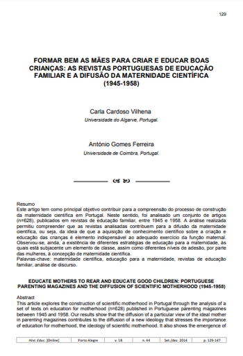 Formar bem as mães para criar e educar boas crianças: as revistas portuguesas de educação familiar e a difusão da maternidade científica (1945-1958)