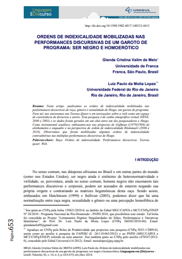 ORDENS DE INDEXICALIDADE MOBILIZADAS NAS PERFORMANCES DISCURSIVAS DE UM GAROTO DE PROGRAMA: SER NEGRO E HOMOERÓTICO