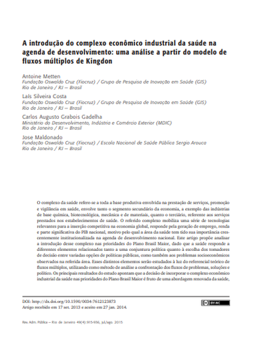 A introdução do complexo econômico industrial da saúde na agenda de desenvolvimento: uma análise a partir do modelo de fluxos múltiplos de Kingdon
