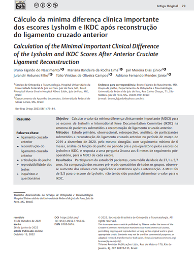 Calculation of the Minimal Important Clinical Difference of the Lysholm and IKDC Scores After Anterior Cruciate Ligament Reconstruction