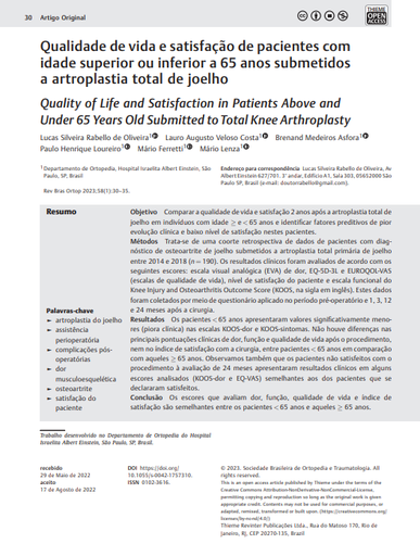 Quality of Life and Satisfaction in Patients Above and Under 65 Years Old Submitted to Total Knee Arthroplasty