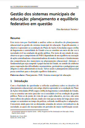 Gestão dos sistemas municipais de educação: planejamento e equilíbrio federativo em questão