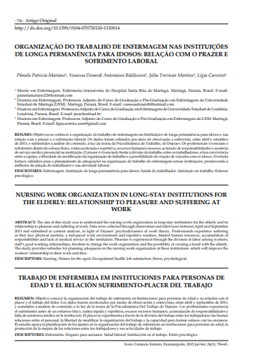 Nursing work organization in long-stay institutions for the elderly: relationship to pleasure and suffering at work
