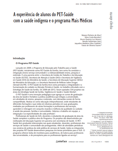 A experiência de alunos do PET-Saúde com a saúde indígena e o programa Mais Médicos