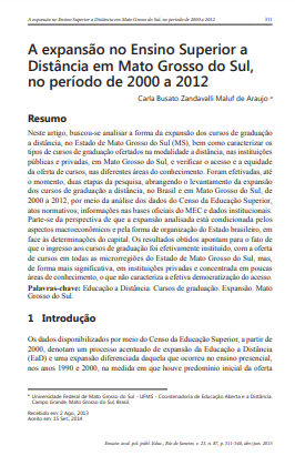 A expansão no Ensino Superior a Distância em Mato Grosso do Sul, no período de 2000 a 2012