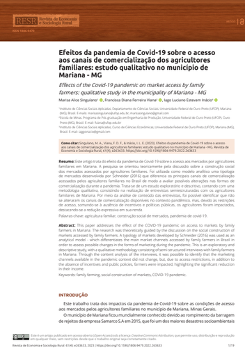Efeitos da pandemia de Covid-19 sobre o acesso aos canais de comercialização dos agricultores familiares: estudo qualitativo no município de Mariana - MG