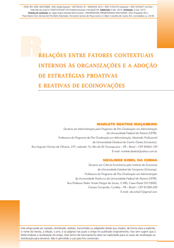 RELAÇÕES ENTRE FATORES CONTEXTUAIS INTERNOS ÀS ORGANIZAÇÕES E A ADOÇÃO DE ESTRATÉGIAS PROATIVAS E REATIVAS DE ECOINOVAÇÕES