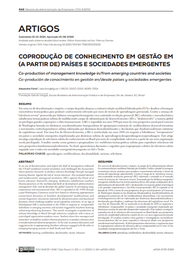 COPRODUÇÃO DE CONHECIMENTO EM GESTÃO EM (A PARTIR DE) PAÍSES E SOCIEDADES EMERGENTES