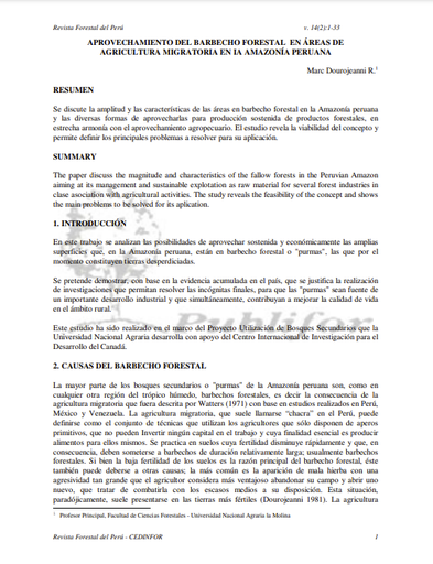 APROVECHAMIENTO DEL BARBECHO FORESTAL EN ÁREAS DE AGRICULTURA MIGRATORIA EN IA AMAZONÍA PERUANA