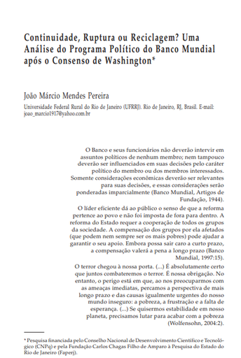 Continuidade, Ruptura ou Reciclagem? Uma Análise do Programa Político do Banco Mundial após o Consenso de Washington