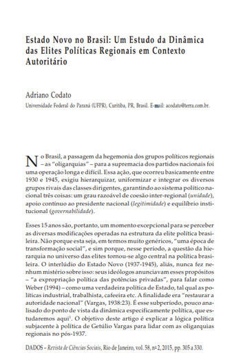 Estado Novo no Brasil: Um Estudo da Dinâmica das Elites Políticas Regionais em Contexto Autoritário
