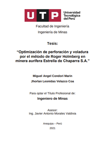 Optimización de perforación y voladura por el método de Roger Holmberg en minera aurífera Estrella de Chaparra S.A.