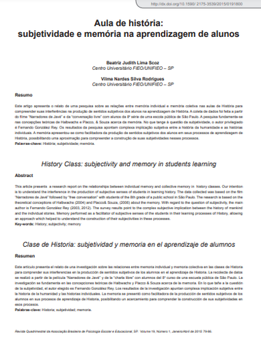 Aula de história: subjetividade e memória na aprendizagem de alunos