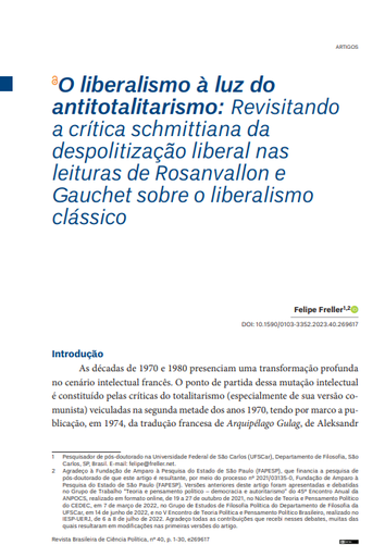 O liberalismo à luz do antitotalitarismo: Revisitando a crítica schmittiana da despolitização liberal nas leituras de Rosanvallon e Gauchet sobre o liberalismo clássico