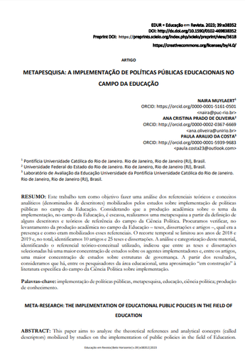 METAPESQUISA: A IMPLEMENTAÇÃO DE POLÍTICAS PÚBLICAS EDUCACIONAIS NO CAMPO DA EDUCAÇÃO