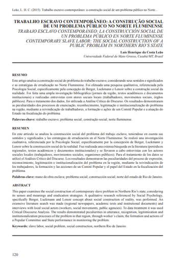 TRABALHO ESCRAVO CONTEMPORÂNEO: A CONSTRUÇÃO SOCIAL DE UM PROBLEMA PÚBLICO NO NORTE FLUMINENSE