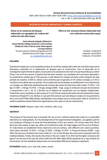 Efecto en la resistencia de bloques elaborados con agregados de residuos del cultivo de maíz (Zea mays).