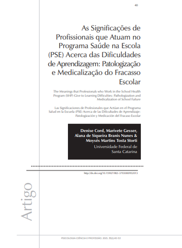 As Significações de Profissionais que Atuam no Programa Saúde na Escola (PSE) Acerca das Dificuldades de Aprendizagem: Patologização e Medicalização do Fracasso Escolar