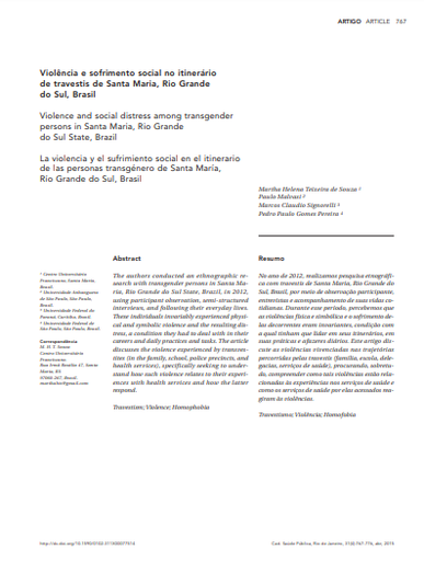 Violência e sofrimento social no itinerário de travestis de Santa Maria, Rio Grande do Sul, Brasil