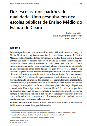 Dez escolas, dois padrões de qualidade. Uma pesquisa em dez escolas públicas de Ensino Médio do Estado do Ceará
