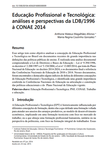 Educação Profissional e Tecnológica: análises e perspectivas da LDB/1996 à CONAE 2014