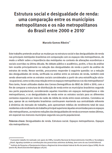 Estrutura social e desigualdade de renda: uma comparação entre os municípios metropolitanos e os não metropolitanos do Brasil entre 2000 e 2010