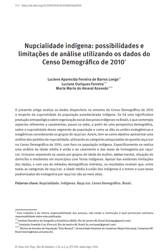 Nupcialidade indígena: possibilidades e limitações de análise utilizando os dados do Censo Demográfico de 2010