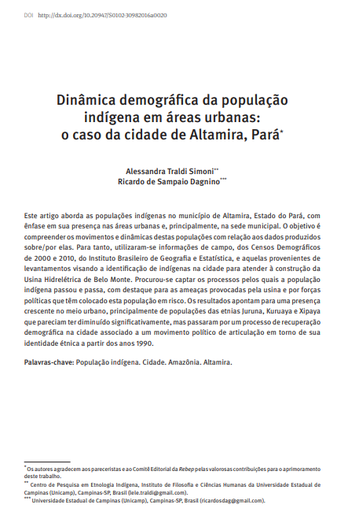 Dinâmica demográfica da população indígena em áreas urbanas: o caso da cidade de Altamira, Pará