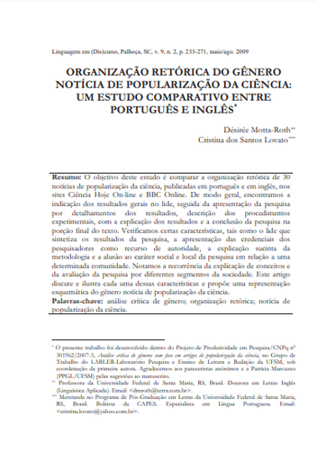 Organização retórica do gênero notícia de popularização da ciência: um estudo comparativo entre português e inglês