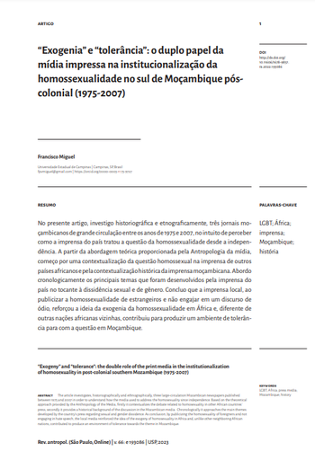 “Exogenia” e “tolerância”: o duplo papel da mídia impressa na institucionalização da homossexualidade no sul de Moçambique pós-colonial (1975-2007)