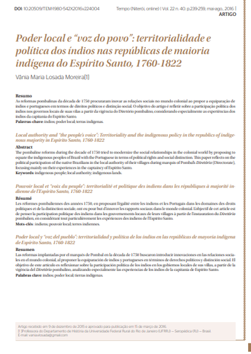 Poder local e “voz do povo”: territorialidade e política dos índios nas repúblicas de maioria indígena do Espírito Santo, 1760-1822