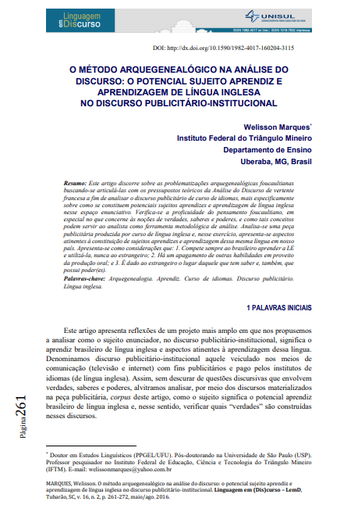 O MÉTODO ARQUEGENEALÓGICO NA ANÁLISE DO DISCURSO: O POTENCIAL SUJEITO APRENDIZ E APRENDIZAGEM DE LÍNGUA INGLESA NO DISCURSO PUBLICITÁRIO-INSTITUCIONAL