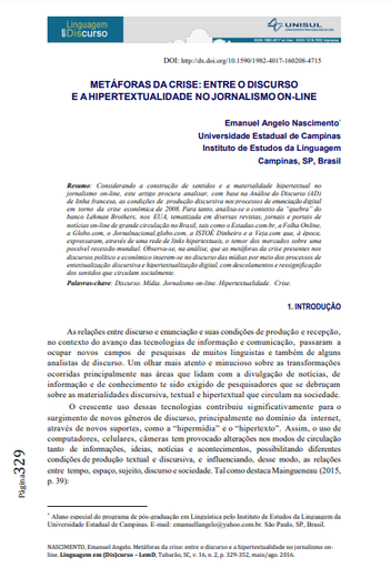 METÁFORAS DA CRISE: ENTRE O DISCURSO E A HIPERTEXTUALIDADE NO JORNALISMO ON-LINE