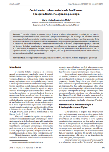 Contribuições da hermenêutica de Paul Ricoeur à pesquisa fenomenológica em psicologia