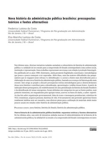 Nova história da administração pública brasileira: pressupostos teóricos e fontes alternativas