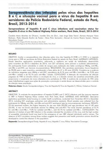 Soroprevalência das infecções pelos vírus das hepatites B e C e situação vacinal para o vírus da hepatite B em servidores da Polícia Rodoviária Federal, estado do Pará, Brasil, 2013-2014